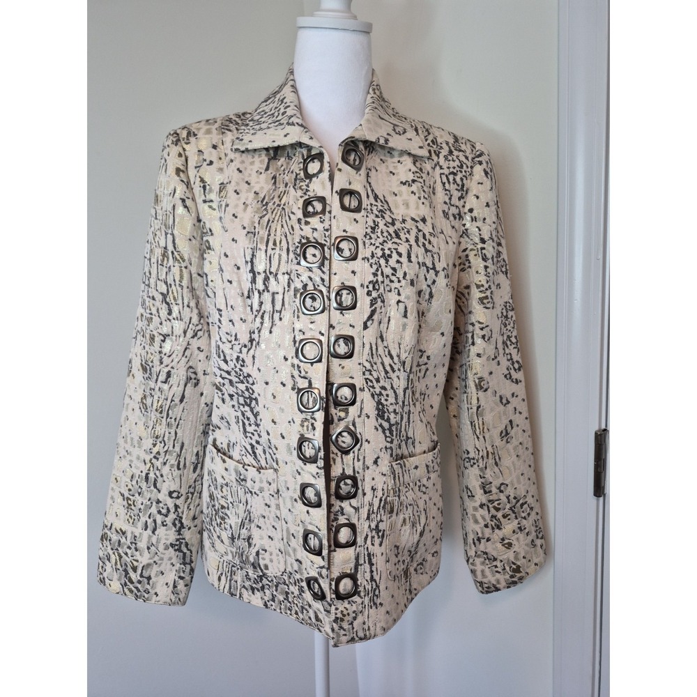 Peck & Peck Jacket Women 12 Ivory Brown Printed Metallic Open Front Silver Metal